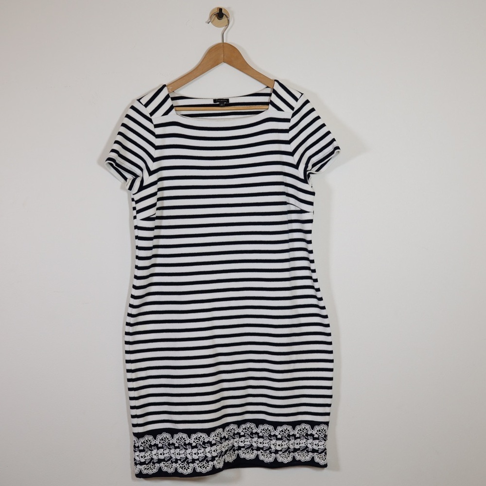 Talbots Womens Striped Cotton Sheath Dress Black White Lace Hem Size L Classic